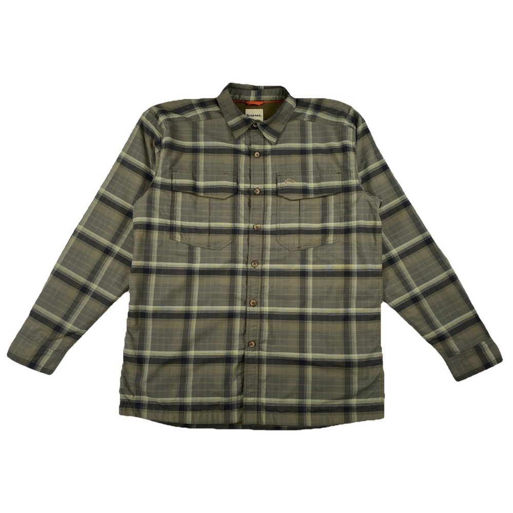 SIMMS Fishing Cold Weather Shirt Flannel Men's Medium Green Plaid Micro Grid
